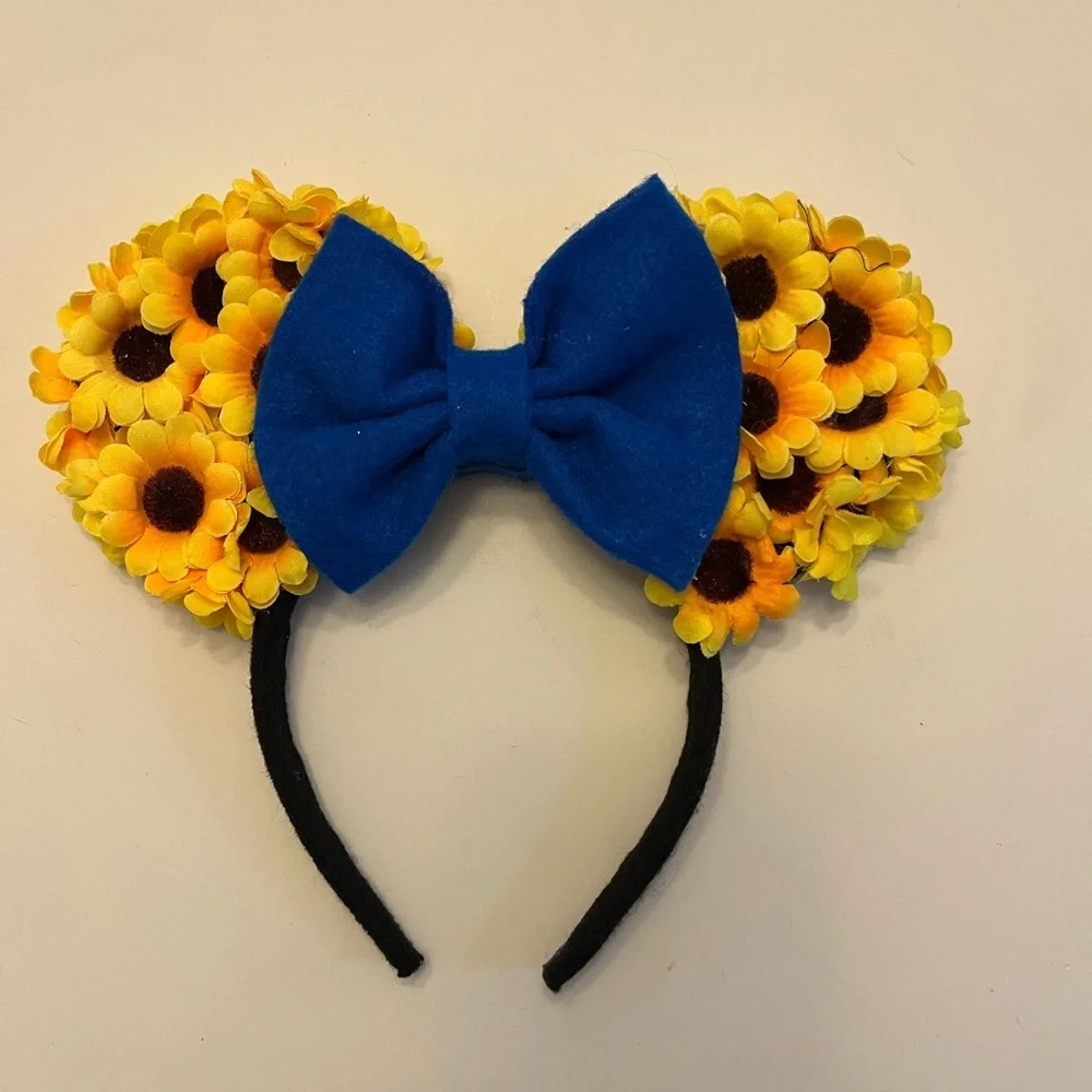 DISNEY ray of sunshine sunflower and blue felt bow‎ Mickey ears